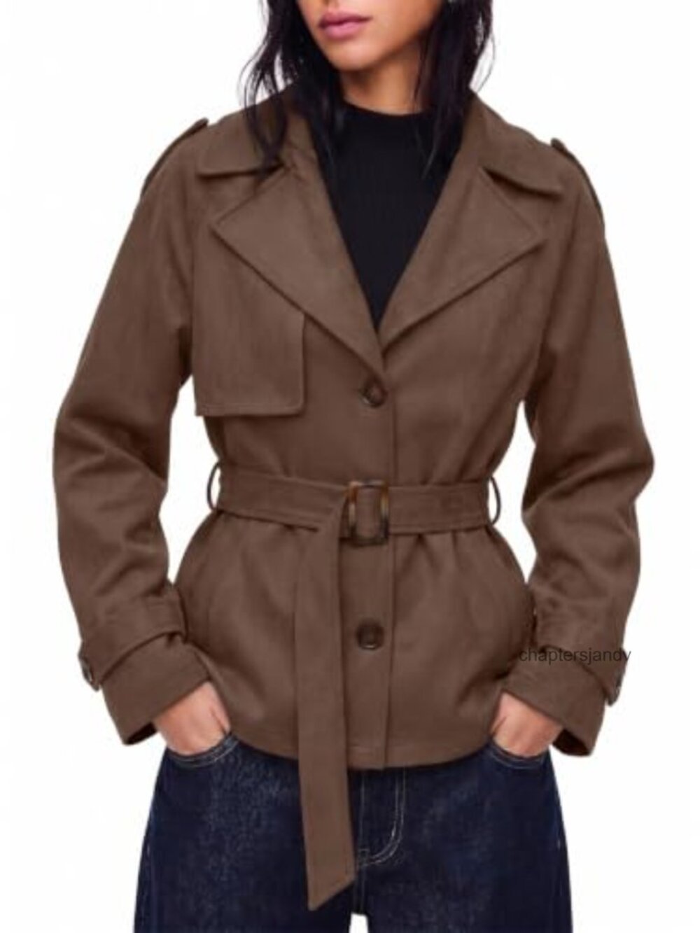 Faux Suede Short Trench Coat with Belt Button Down Lapel